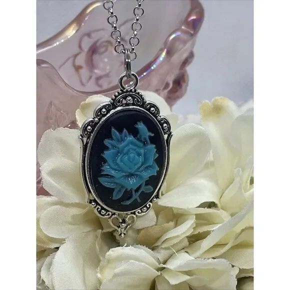 Cameo Necklace Turquoise Rose Wedding Jewelry Black Gothic Anniversary Easter - Picture 3 of 13